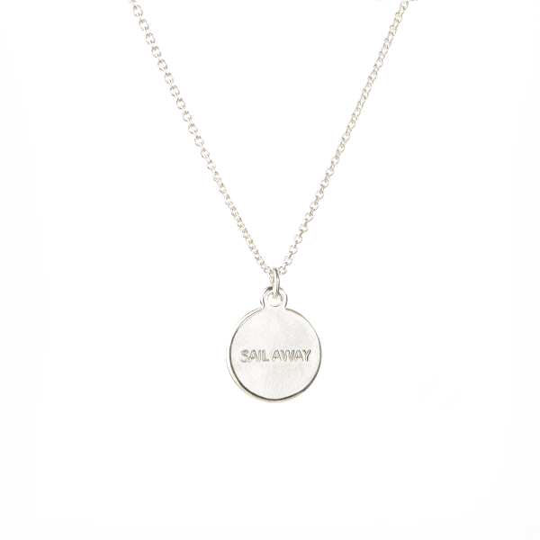 Up close picture of silver women's necklace with inspiration quote